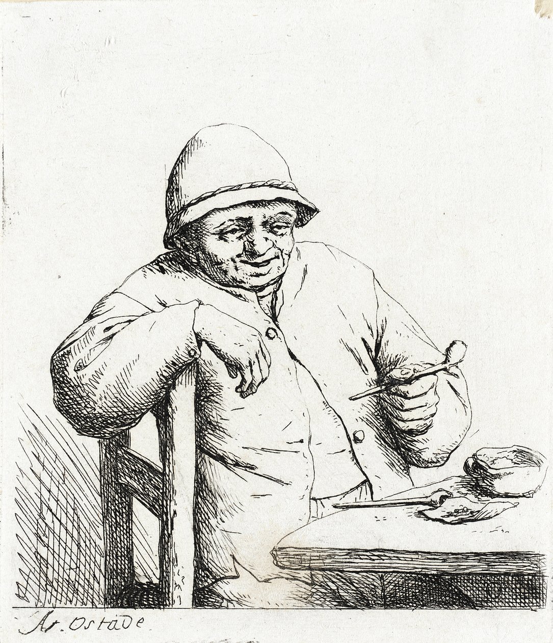 De roker leunend op de rugleuning van een stoel door Adriaen van Ostade