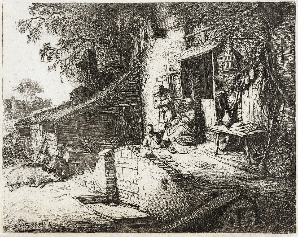 De vrouw die aan het spinnen is door Adriaen van Ostade