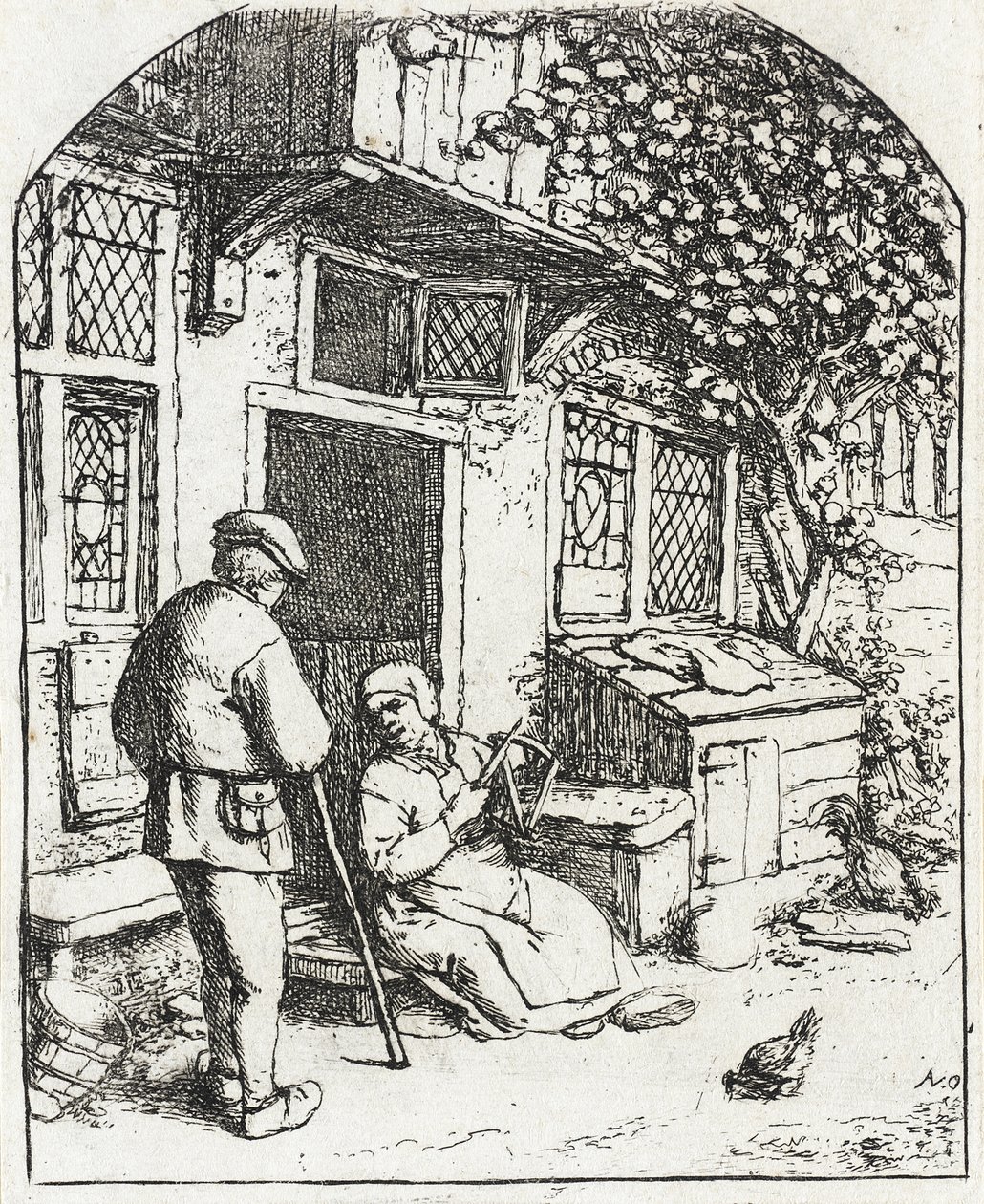 De vrouw die op een spoel windt door Adriaen van Ostade