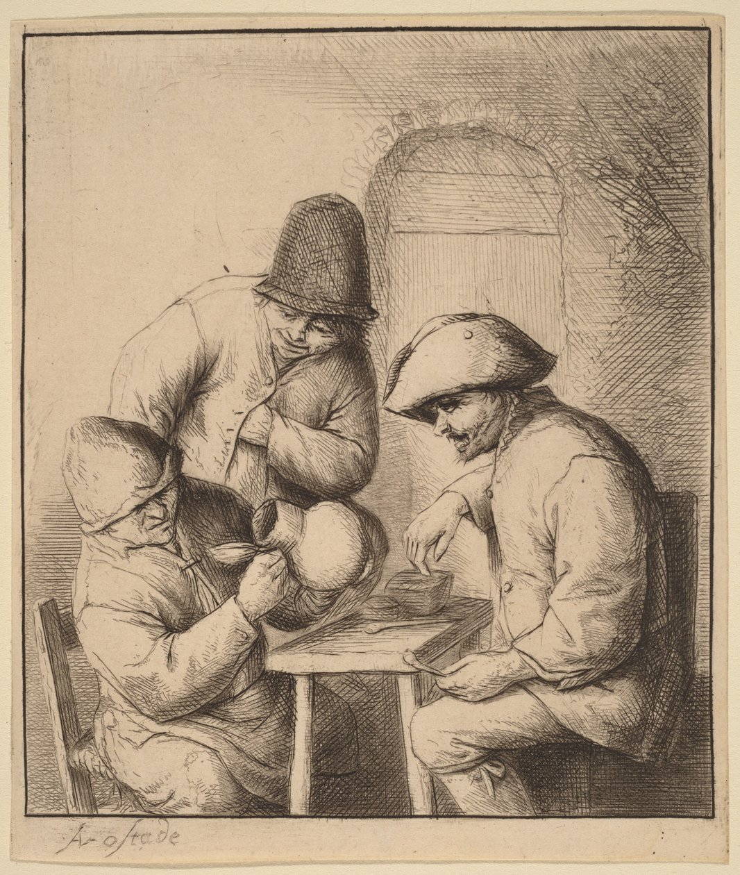 Drie boeren in een herberg, waarvan er één in een kruik kijkt door Adriaen van Ostade