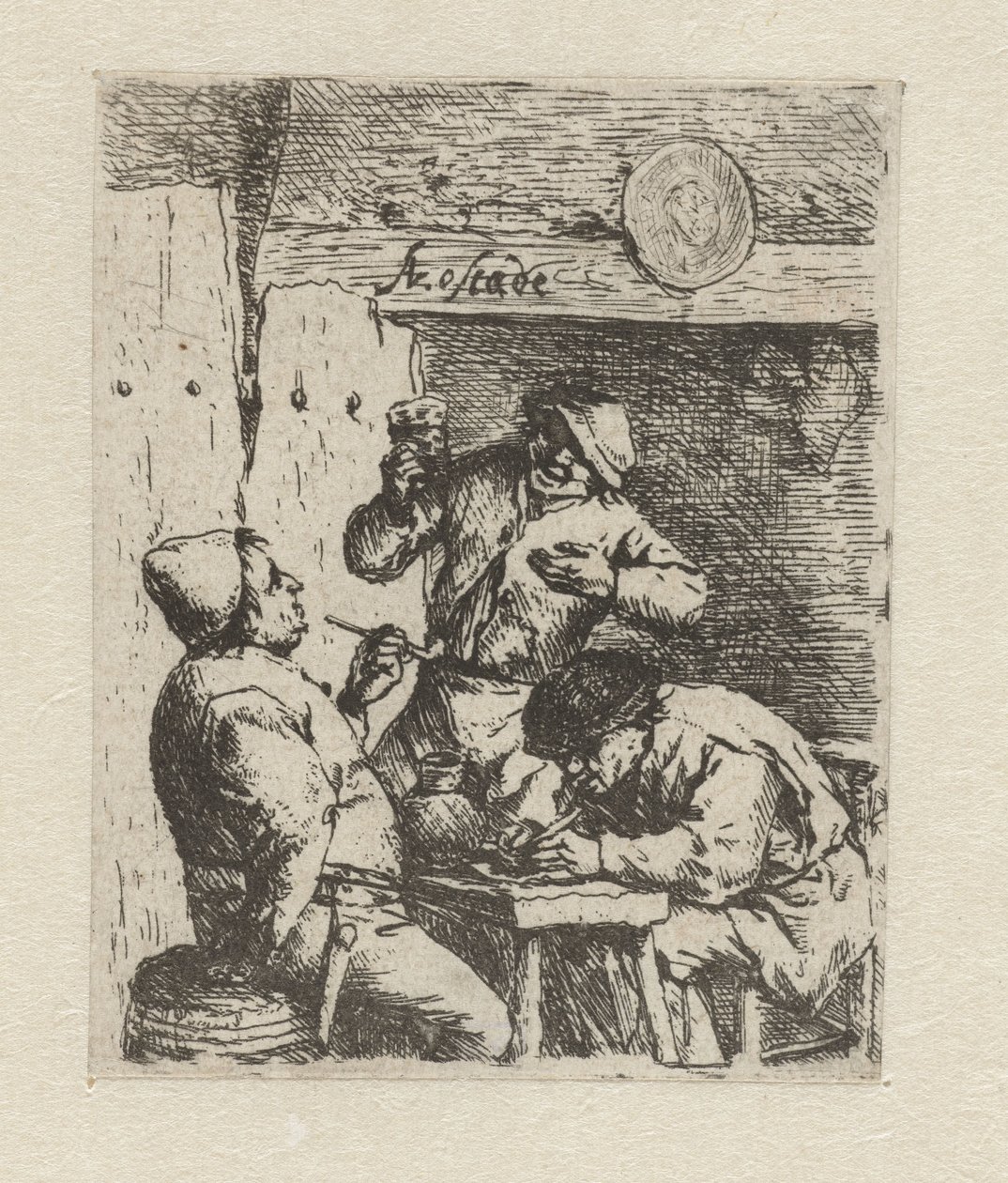 Twee rokers en drinker in herberg door Adriaen van Ostade
