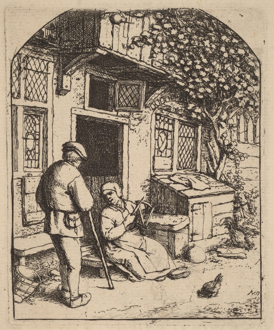 Twee boeren buiten een huis, de vrouw windt wol op door Adriaen van Ostade
