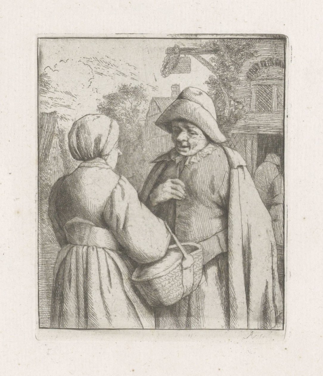 Vrouw en man in gesprek door Adriaen van Ostade