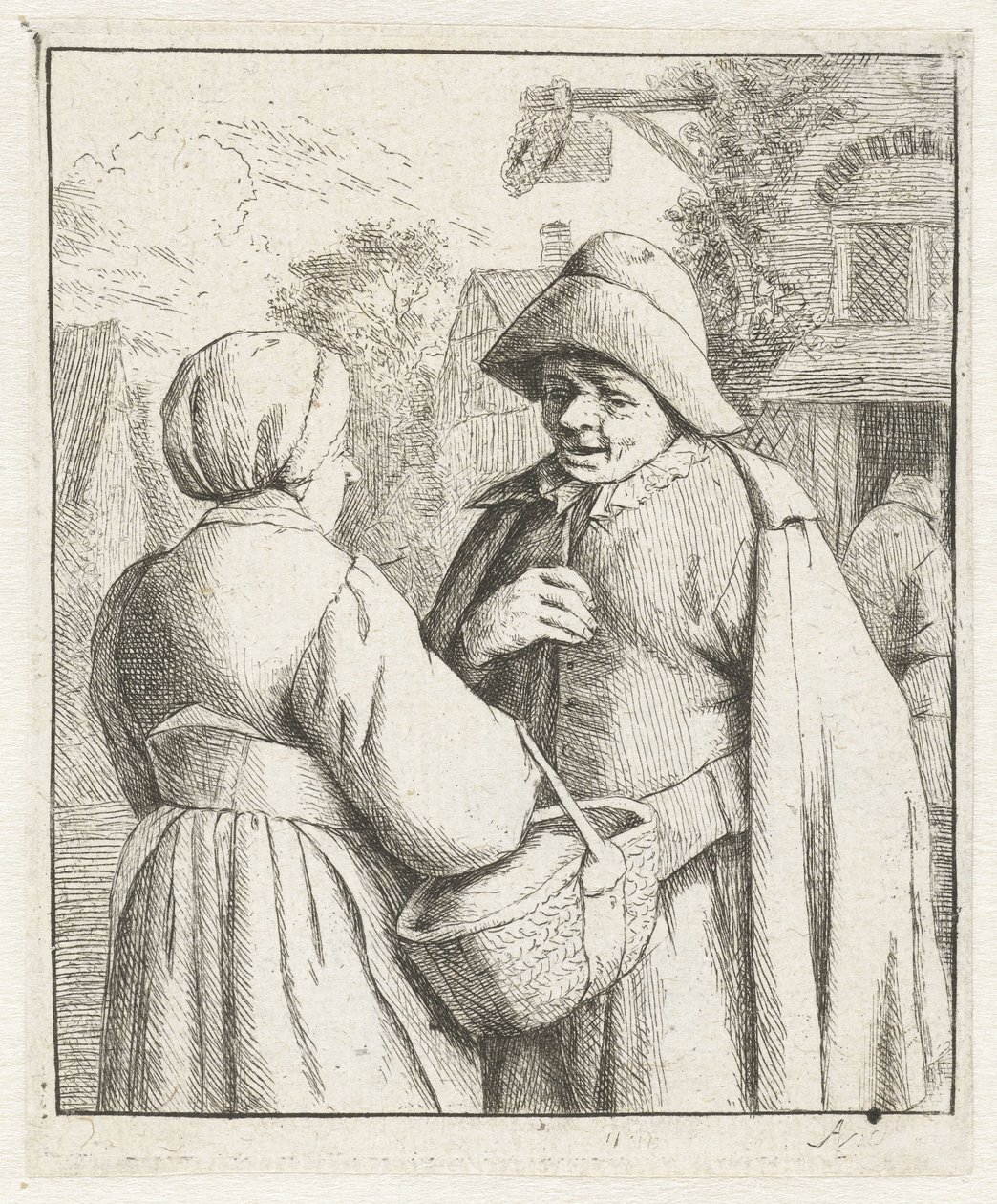 Vrouw en man met elkaar in gesprek door Adriaen van Ostade