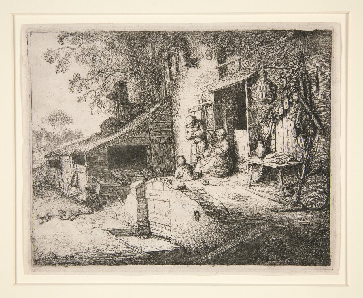 Vrouw die bij de deur van een huisje aan het spinnen is door Adriaen van Ostade