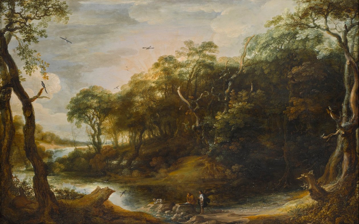 Landschap met de engel Rafaël en Tobais die de vis opensnijdt (Tobit 6,1-5) door Adriaen van Stalbemt
