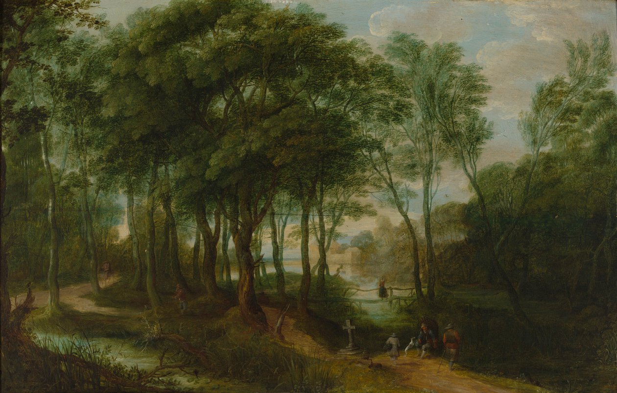 Wandelaars in het kreupelhout, architectuur op de achtergrond door Adriaen van Stalbemt