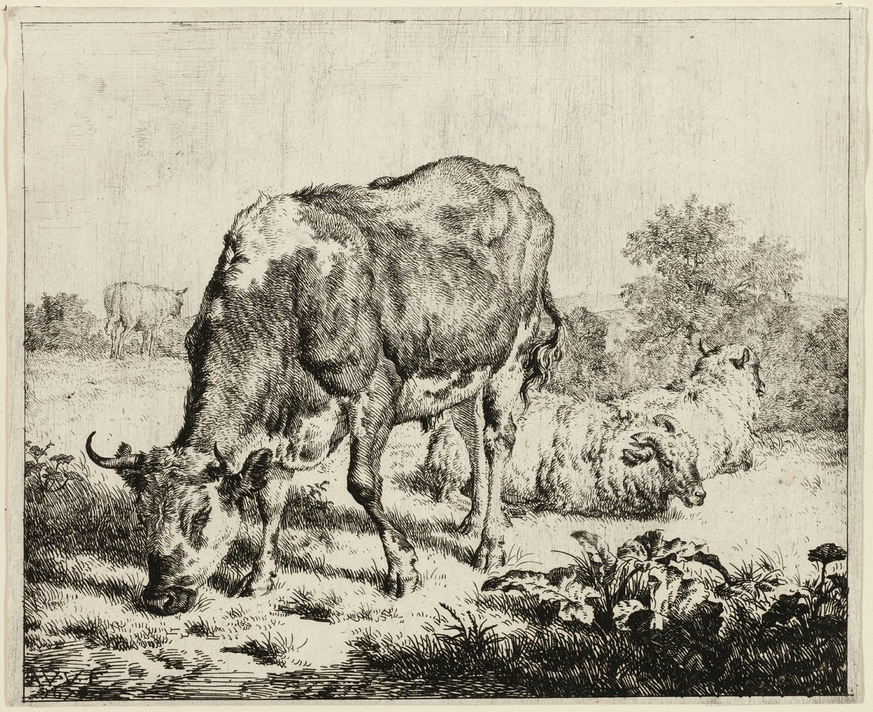 Een koe en drie schapen door Adriaen van de Velde
