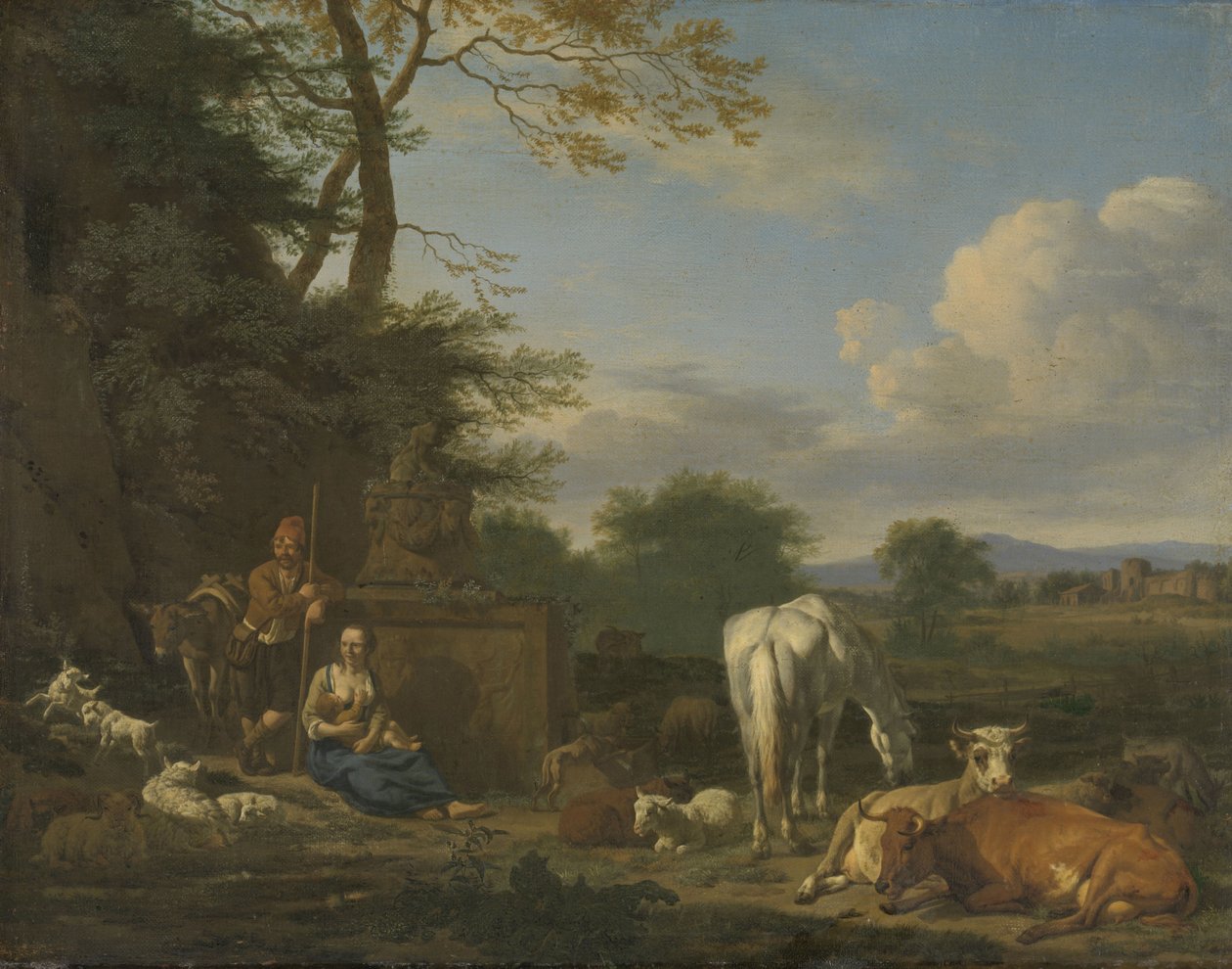 Arcadisch landschap met rustende herders en dieren, 1664 door Adriaen van de Velde