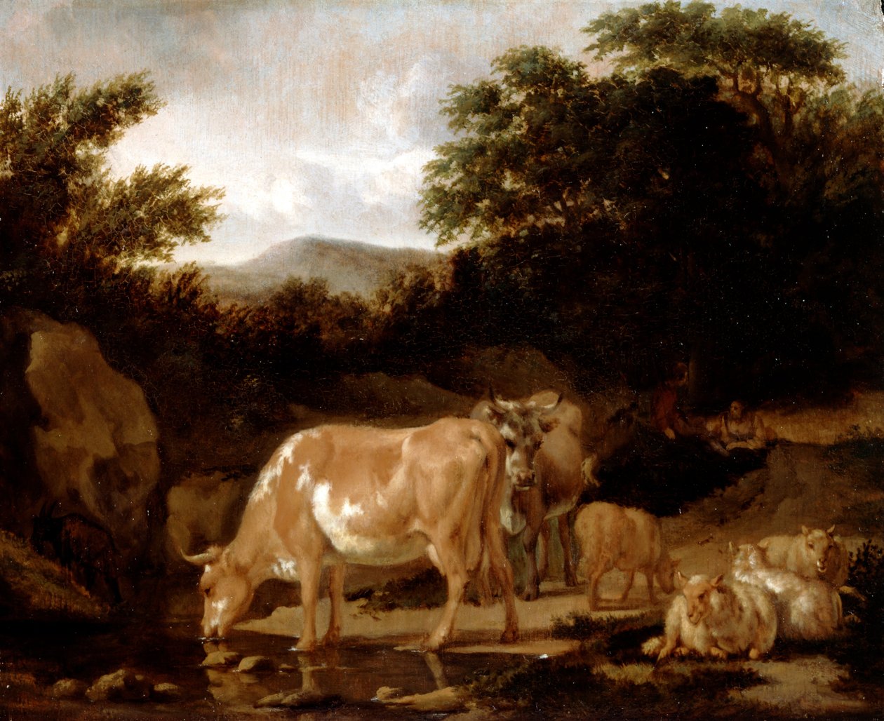 Koeien en schapen in een bos door Adriaen van de Velde