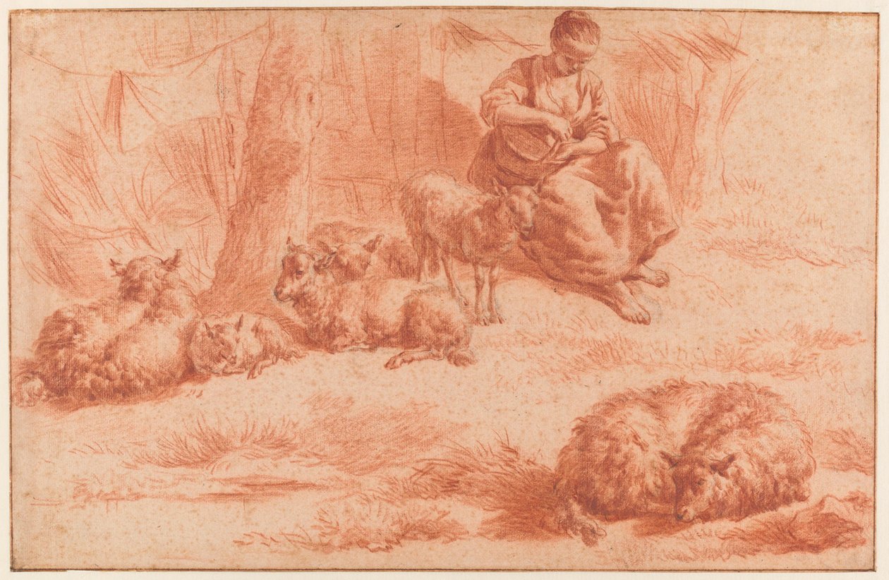 Herderin met schapen door Adriaen van de Velde
