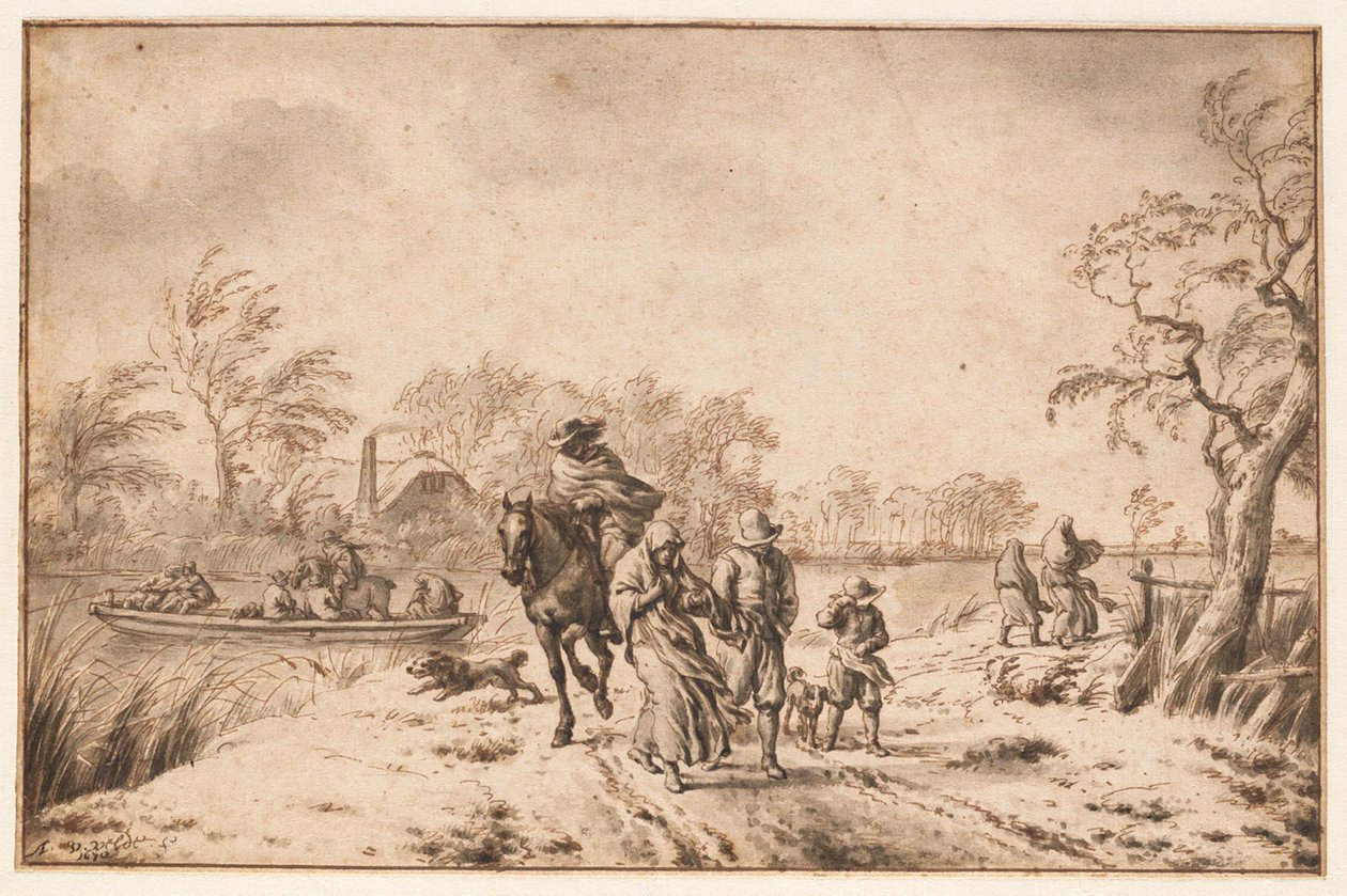 Herfstlandschap met reizigers en veerpont door Adriaen van de Velde
