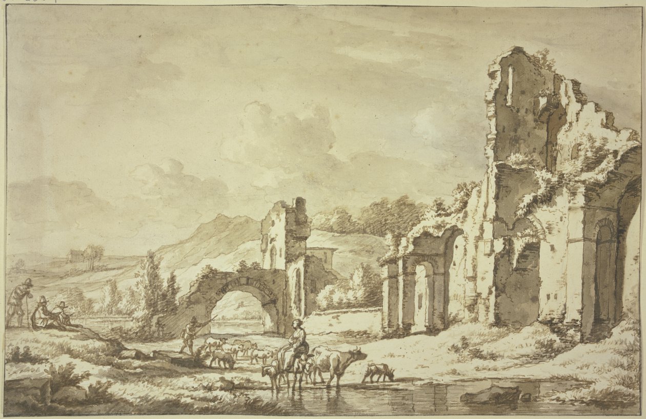 Landschap met Romeinse ruïnes; op de voorgrond rijdt een herderin met de kudde door het water; links twee schilders door Adriaen van de Velde