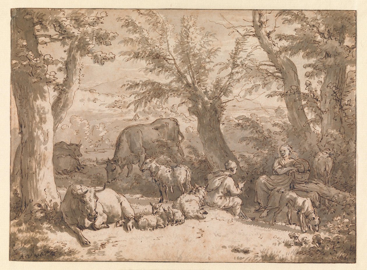 Landschap met herder en herderin en vee door Adriaen van de Velde