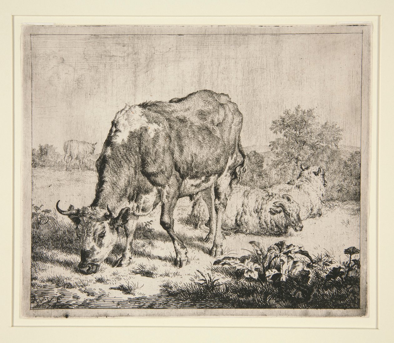 De bonte os en de drie schapen door Adriaen van de Velde