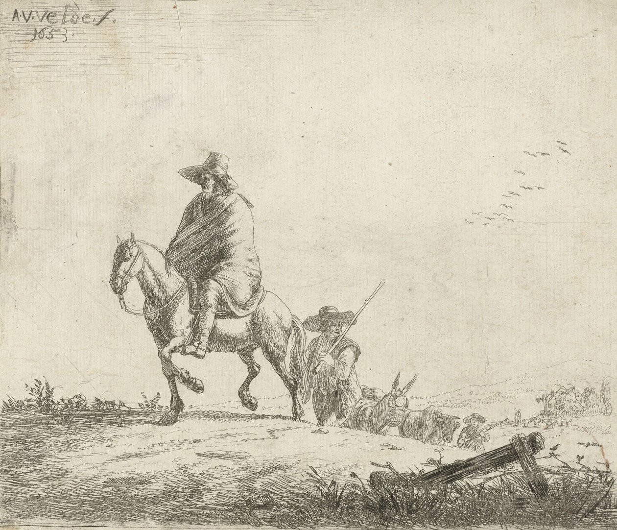 Ruiter en veedrijver met vee op een zandweg, 1653 door Adriaen van de Velde
