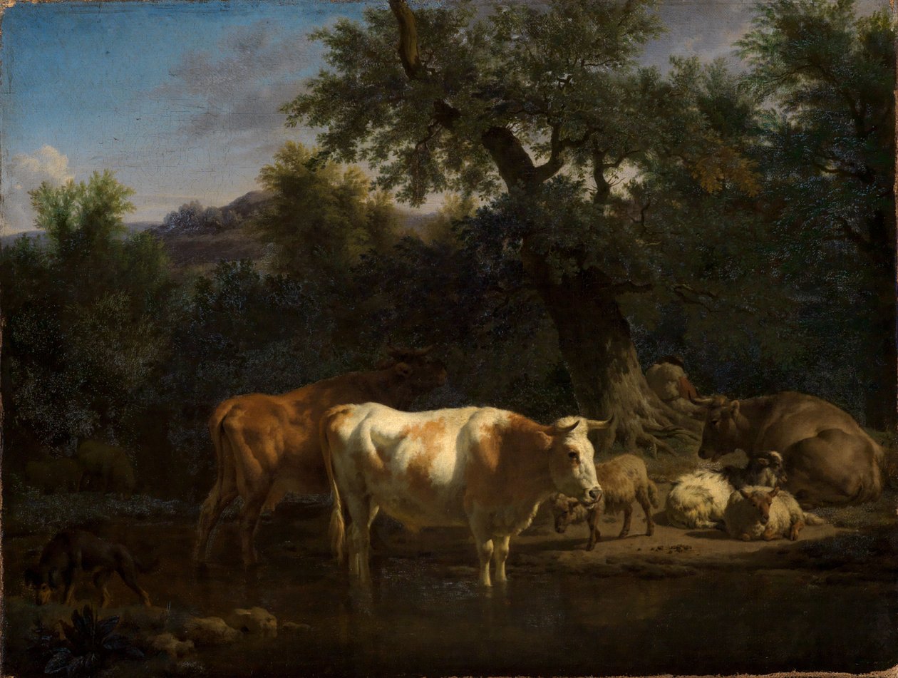 Runderen en schapen bij het bosbeekje door Adriaen van de Velde