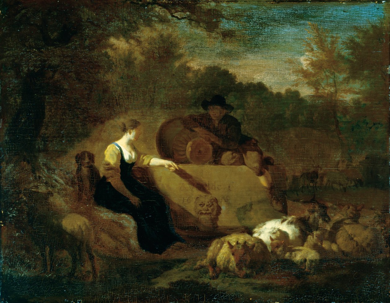Herder en herderin met hun kudde bij een bron door Adriaen van de Velde