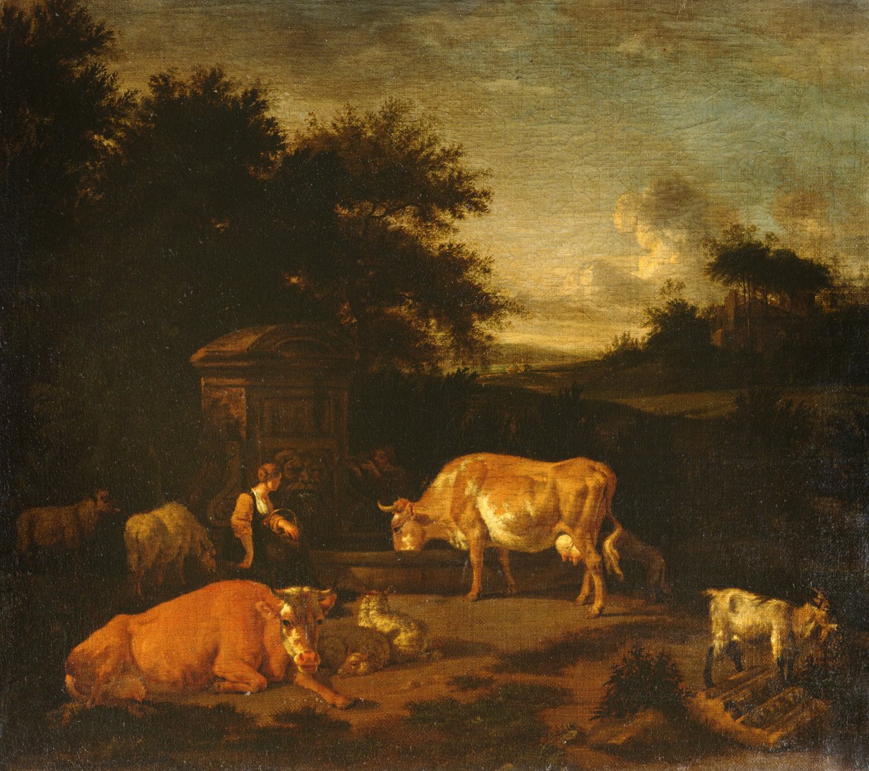 Herderin en een Veedrijver met hun Kudde bij een Klassieke Fontein in een Bebost Landschap door Adriaen van de Velde