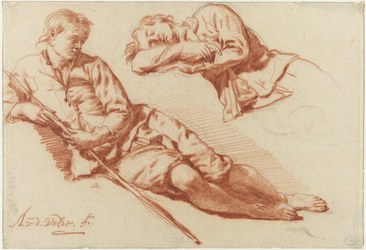 Twee studies van een rustende herder door Adriaen van de Velde