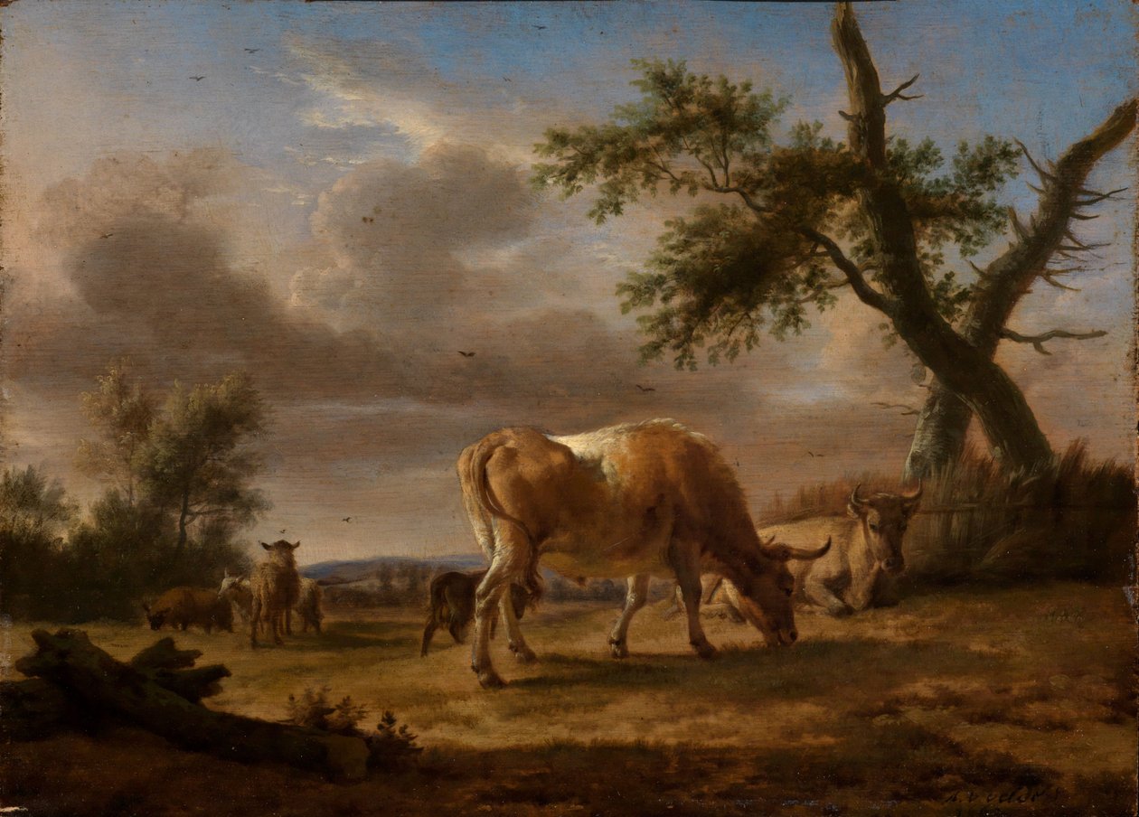 Grazend rundvee en schapen door Adriaen van de Velde