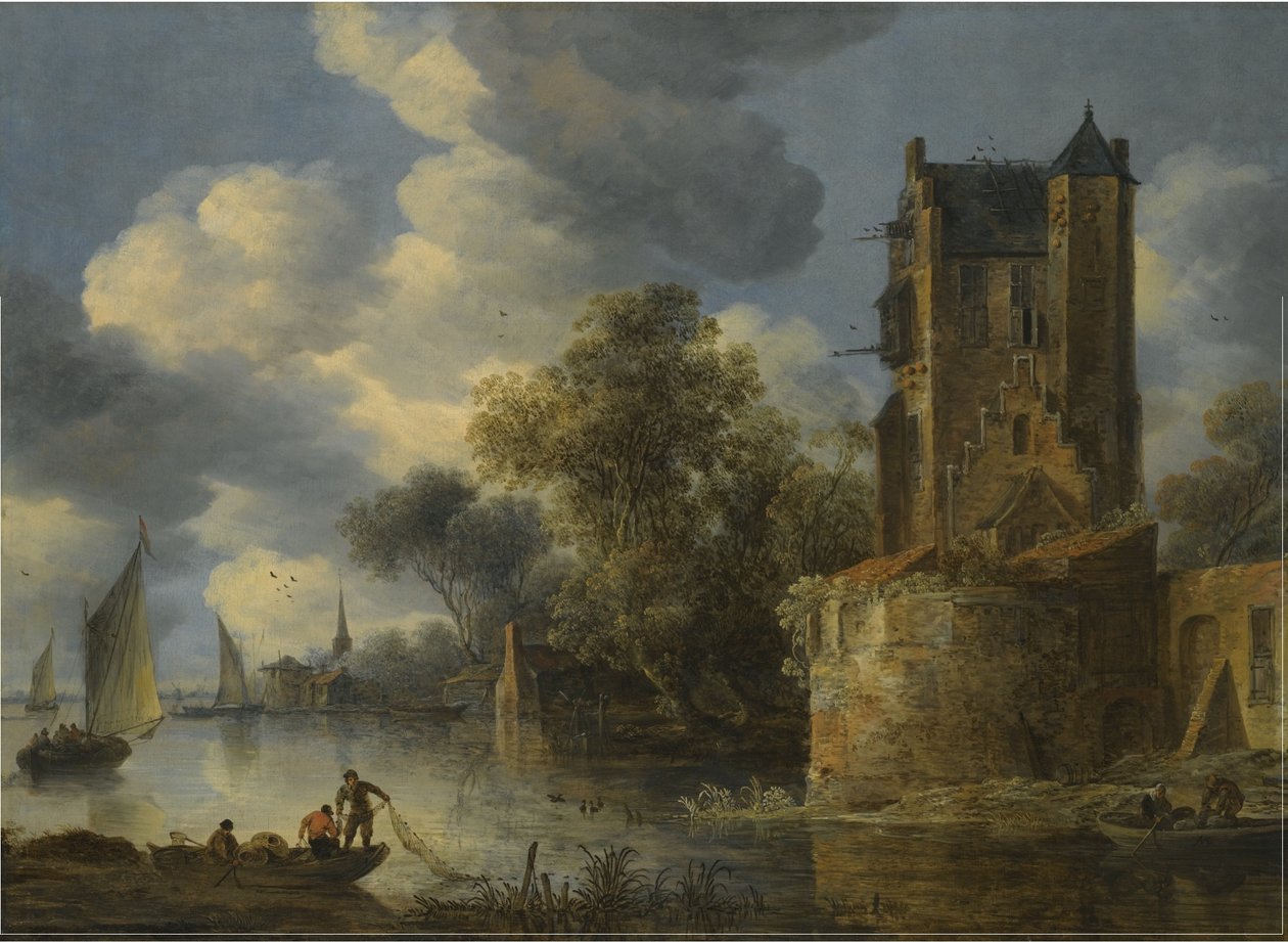Rivierlandschap met bastion door Adriaen van der Cabel
