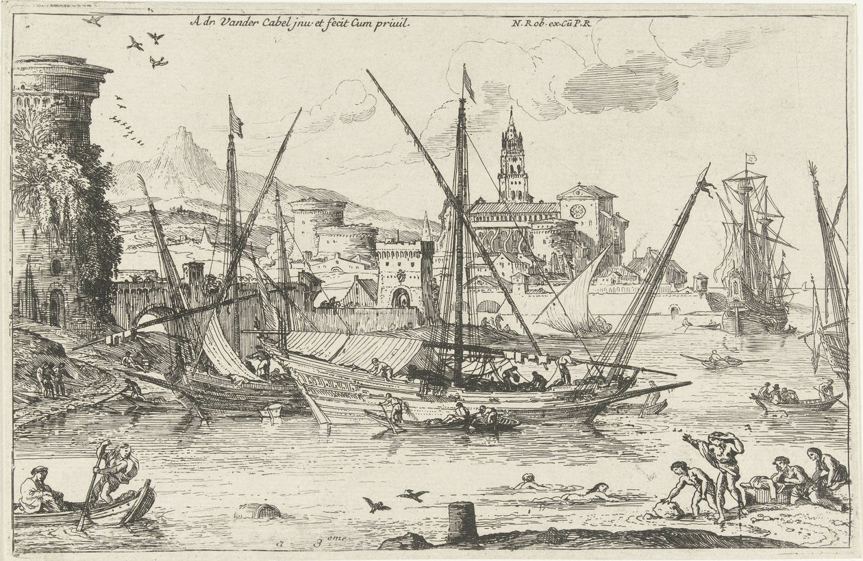 Havengezicht in het Zuiden (Landschappen, serie twee) door Adriaen van der Kabel