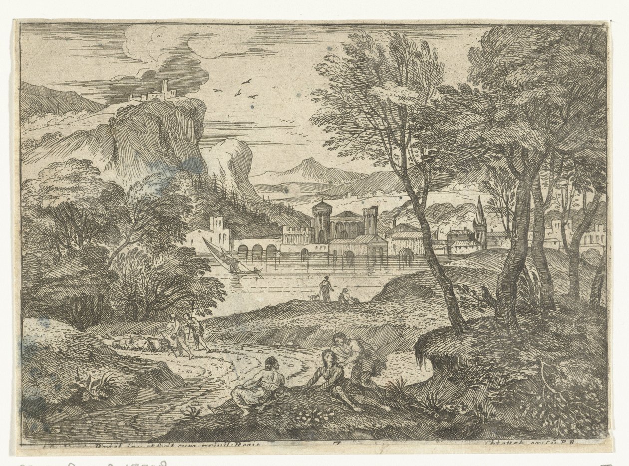 Landschap met drie personen langs pad door Adriaen van der Kabel