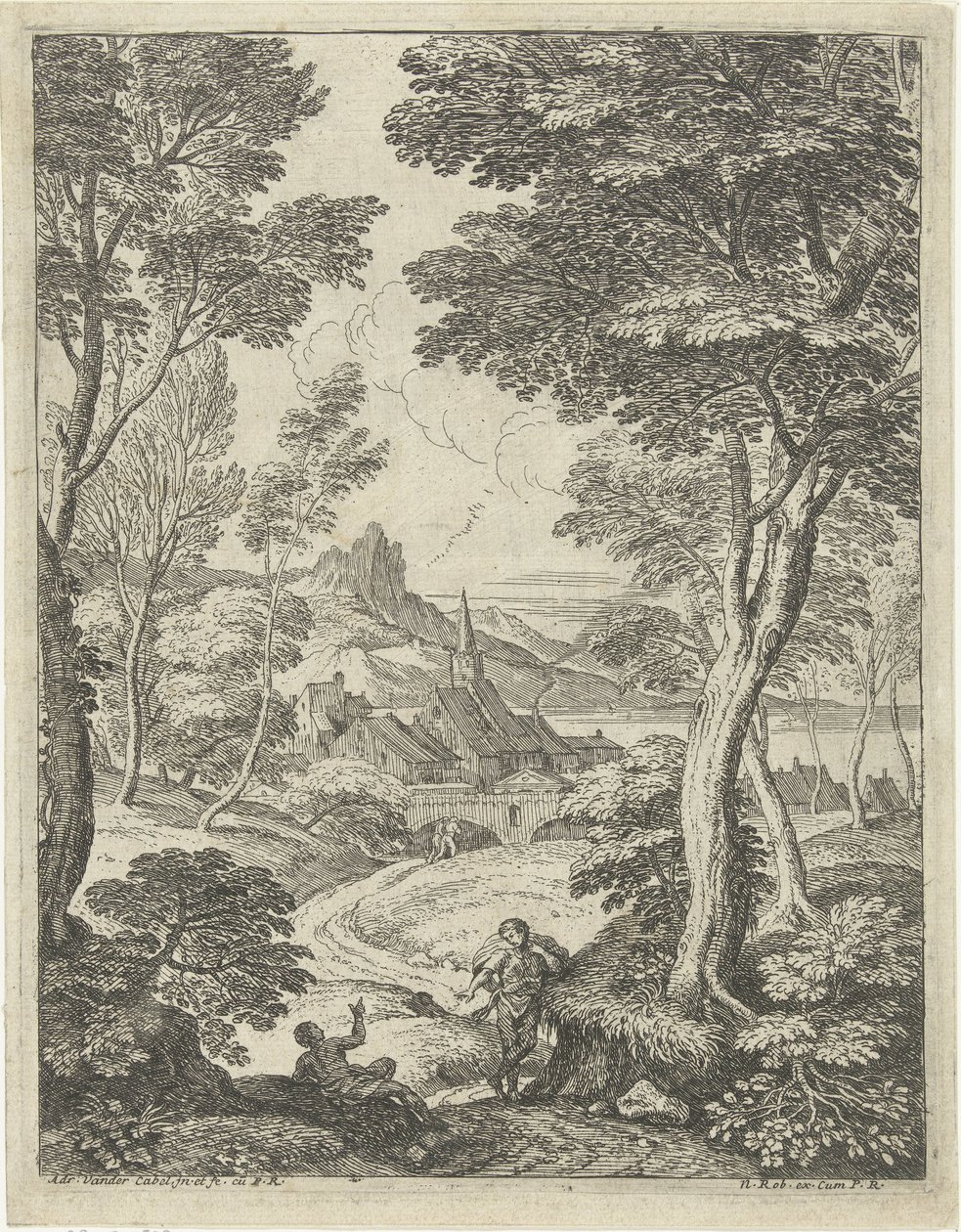 Landschap met spitse toren door Adriaen van der Kabel
