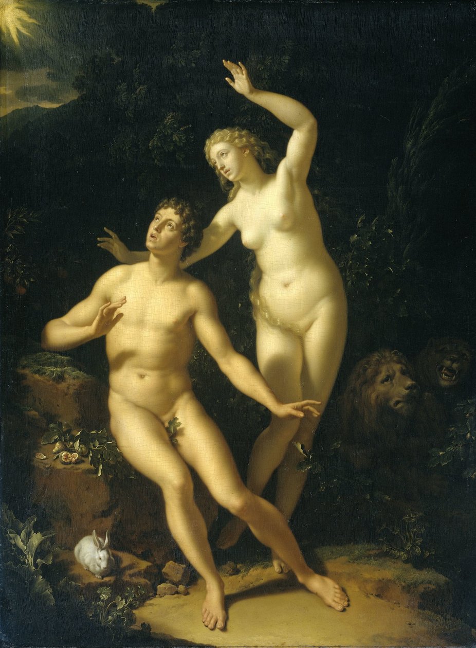 God houdt Adam en Eva verantwoordelijk door Adriaen van der Werff
