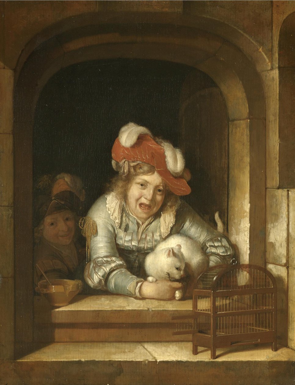 Twee kinderen spelen met een kat met een vogel in zijn klauwen door Adriaen van der Werff