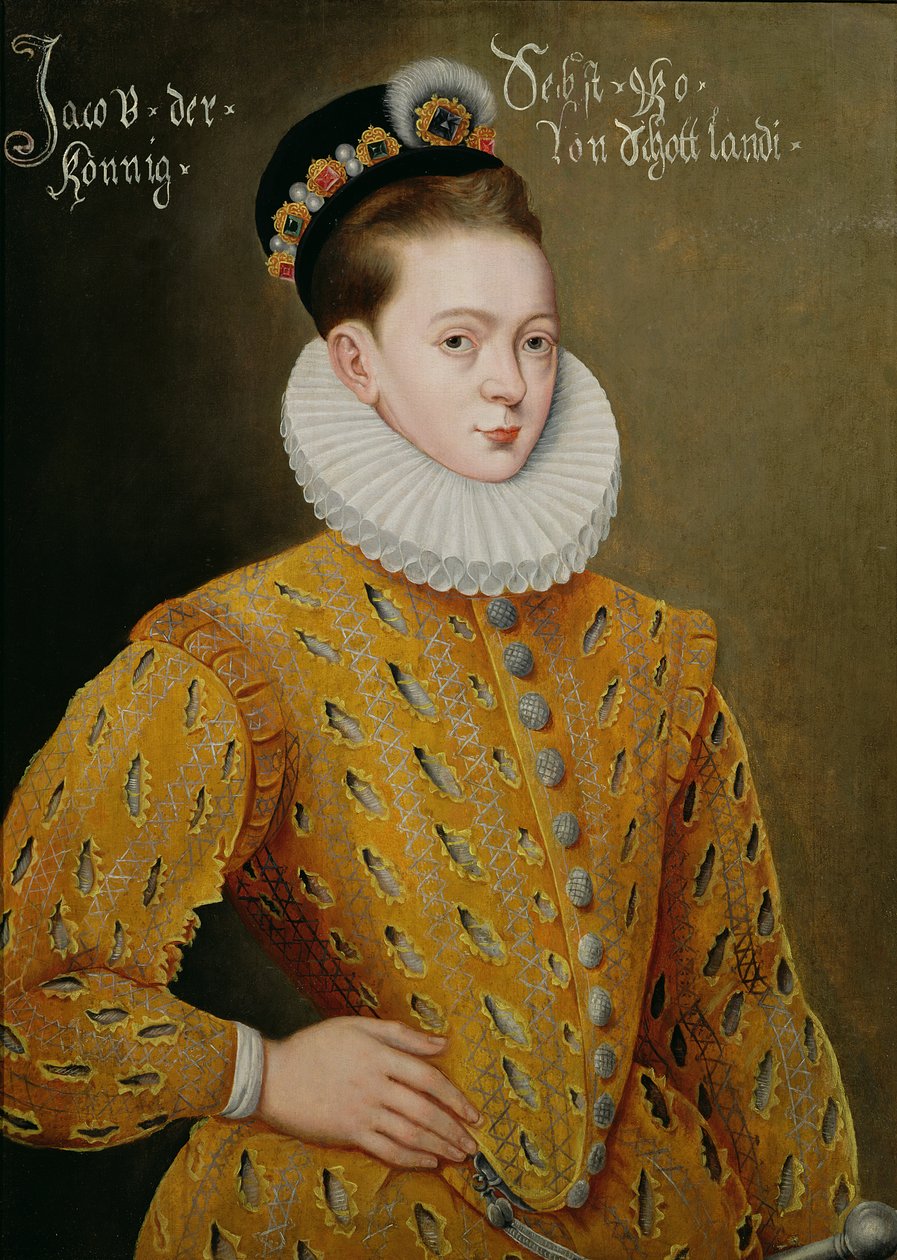Portret van James I van Engeland en James VI van Schotland (1566-1625), vermoedelijk het huwelijksportret dat naar het Deense hof werd gestuurd om Anne te verleiden, zijn toekomstige vrouw door Adrian Vanson
