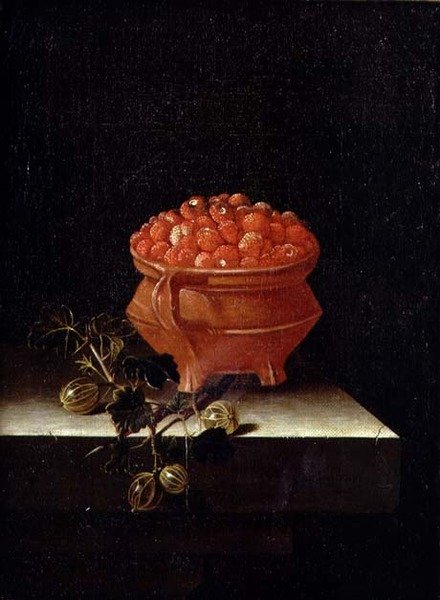 Aardbeien en kruisbessen op een stenen richel door Adrian Coorte