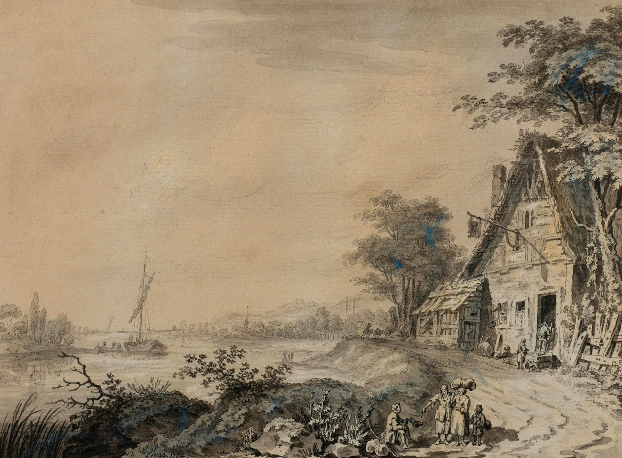 Rivierlandschap met figuren bij een herberg door Adrian Zingg