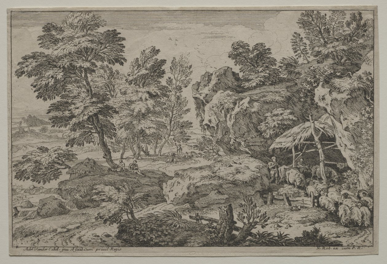 Landschap met Herders en twee Kudde door Adrian van der Cabel