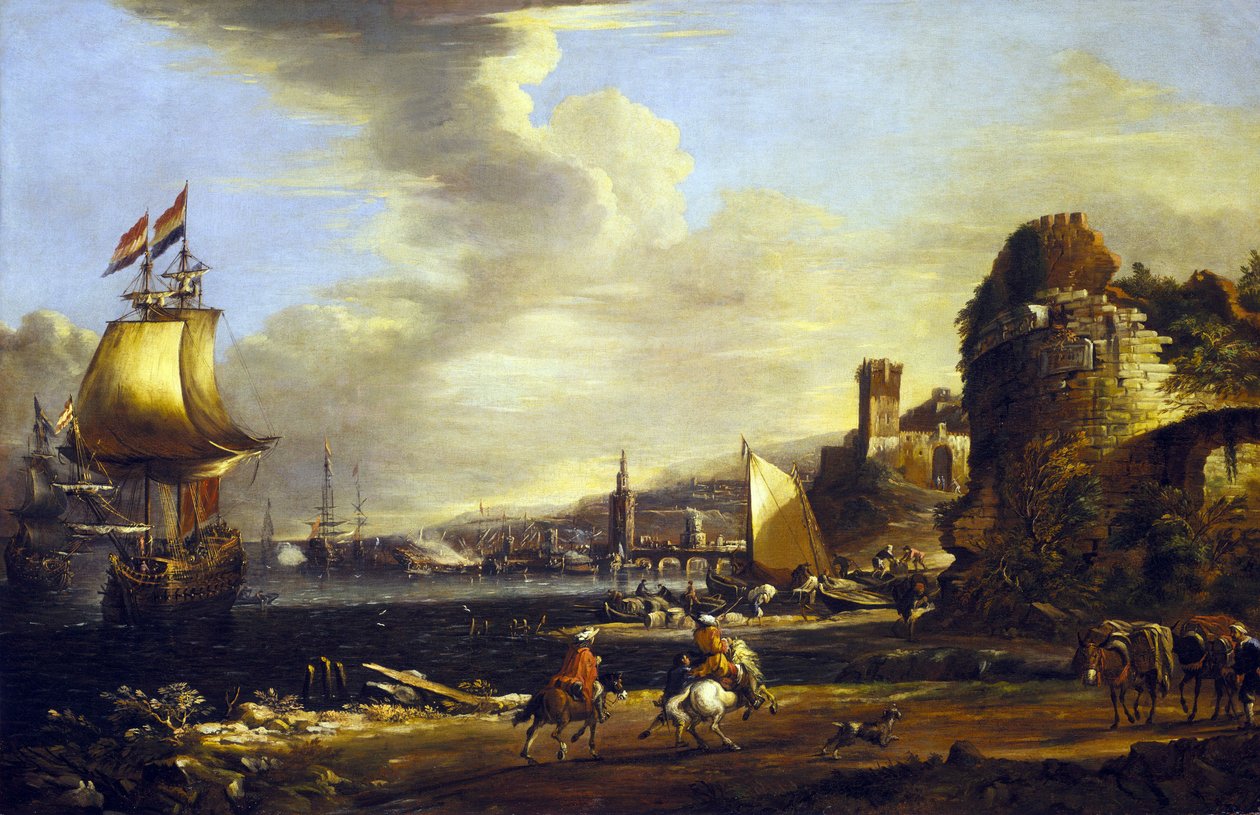 De haven van Genua, ca.1660 (olieverf op doek) door Adrian van der Cabel