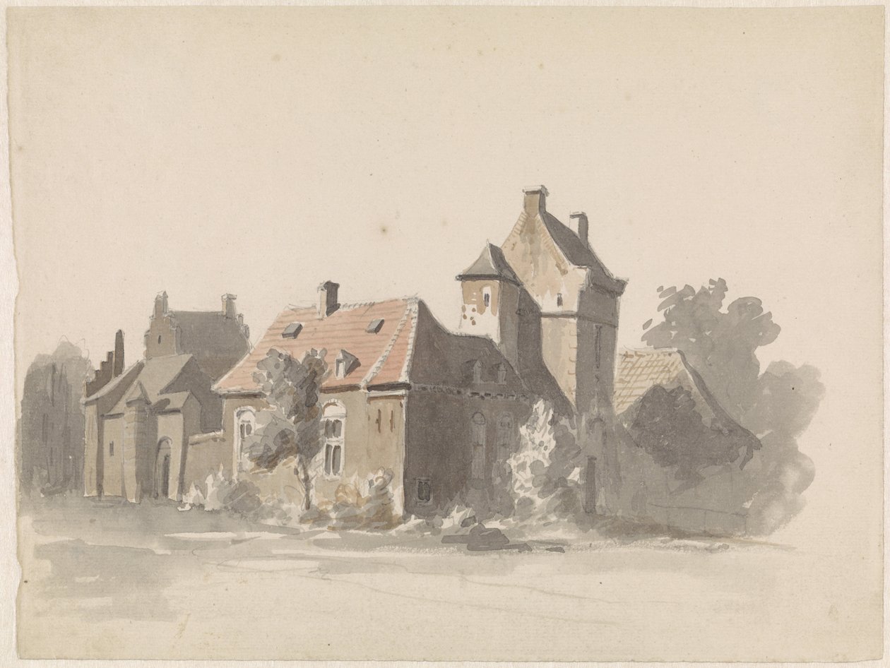 Gezicht op een groep huizen met stadspoortje(?) door Adrianus Eversen