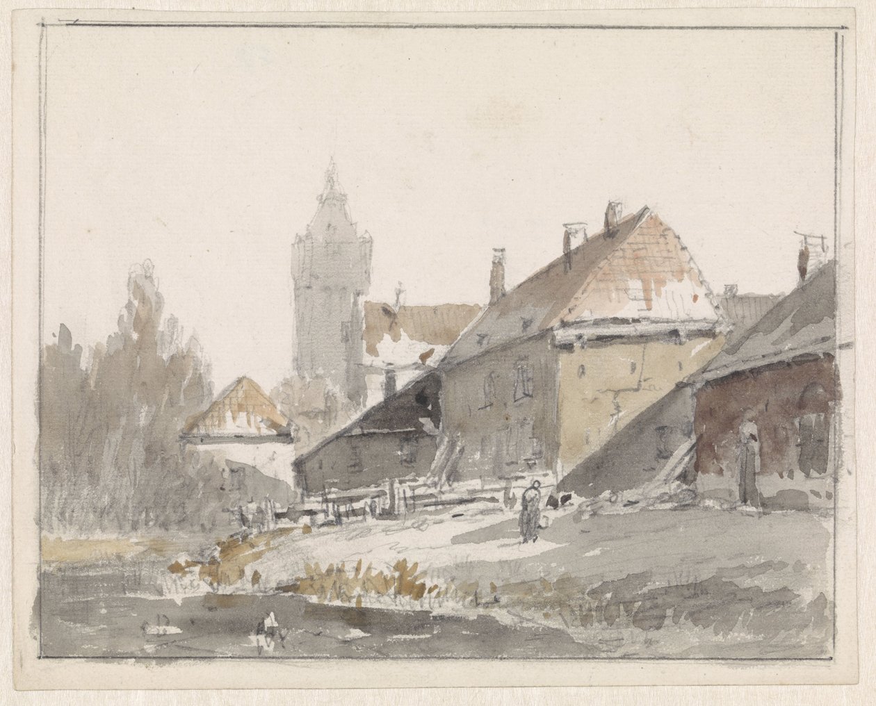 Gezicht op huizen aan de rand van een stad door Adrianus Eversen