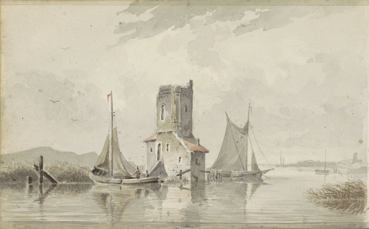 Rivierlandschap met een toren door Adrianus Eversen