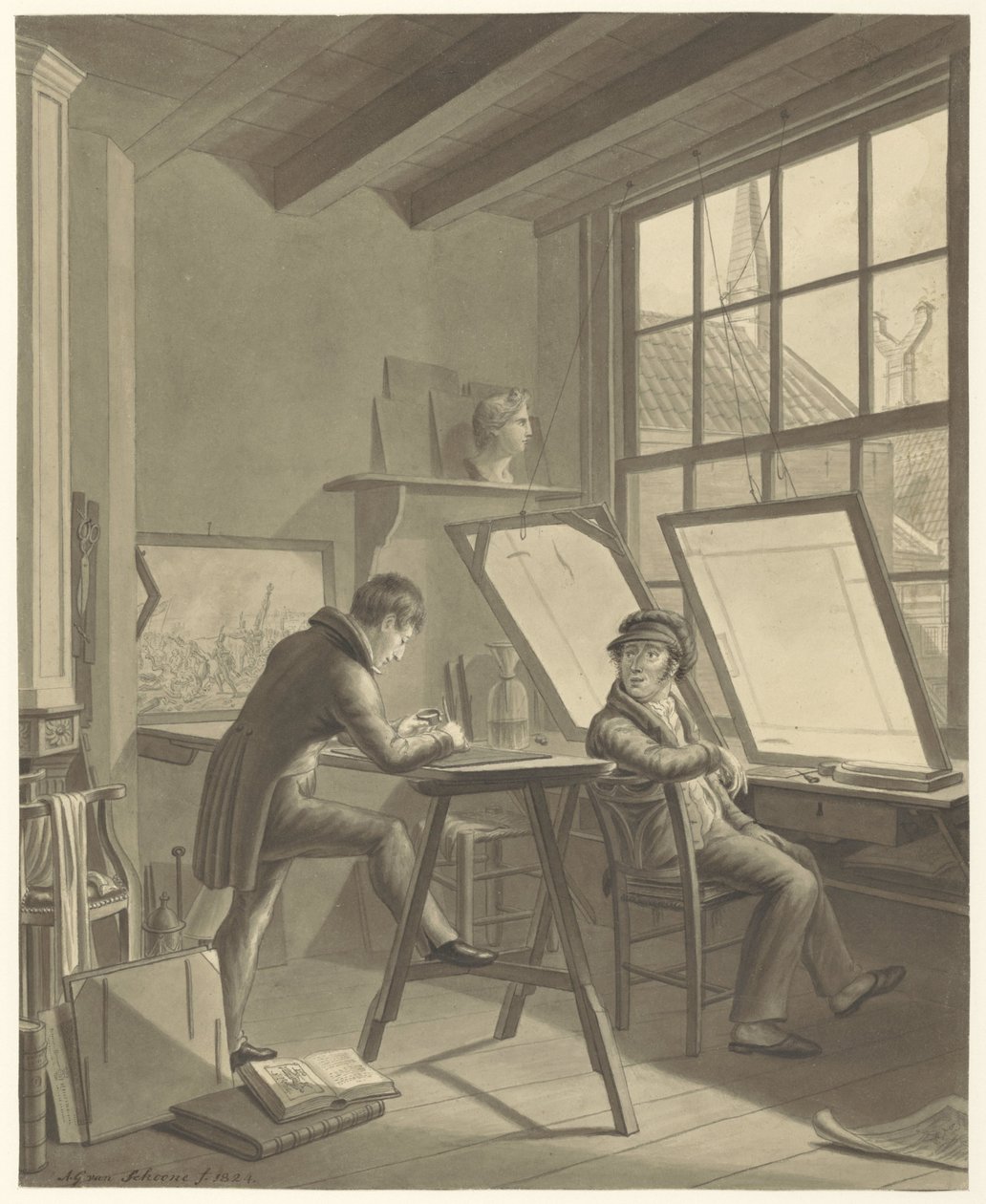 Atelier van Jacob Ernst Marcus in de Rozenstraat te Amsterdam door Adrianus Gerardus van Schoone