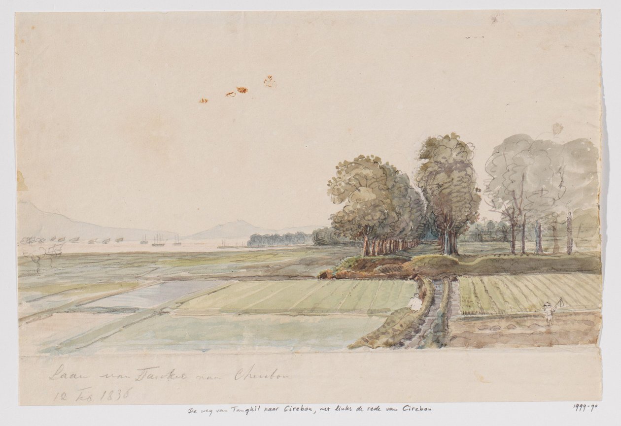 Landschap met weg van Tangkil naar Cirebon en uitzicht op de rede van Cirebon, West-Java door Adrianus Johannes Bik