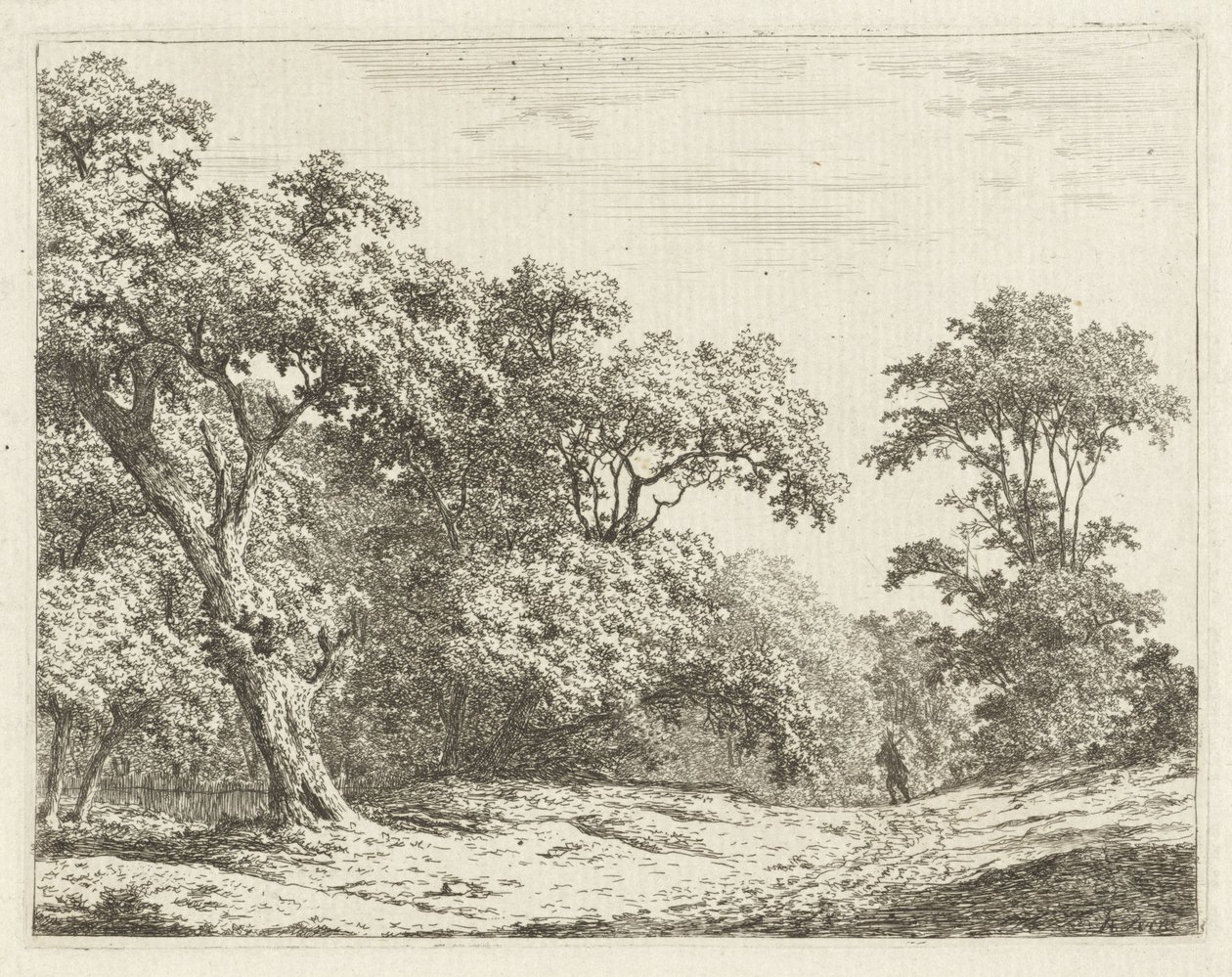 Landschap met bomen en een man op weg door Adrianus Serné