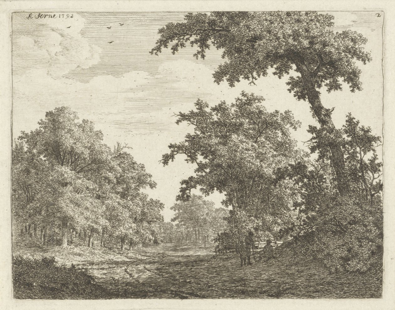 Rustende reizigers langs een weg in het bos door Adrianus Serné