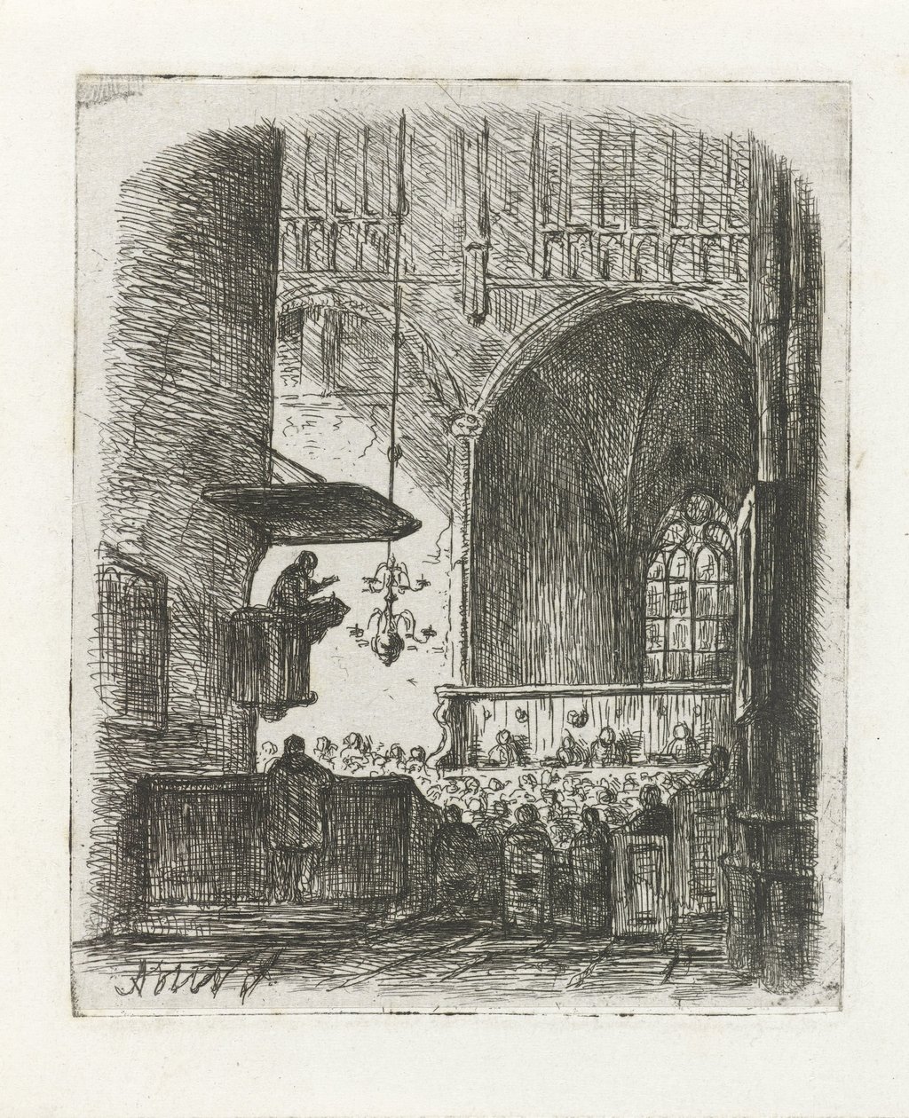 Kerkinterieur met kerkdienst door Adrianus Wilhelmus Nieuwenhuyzen