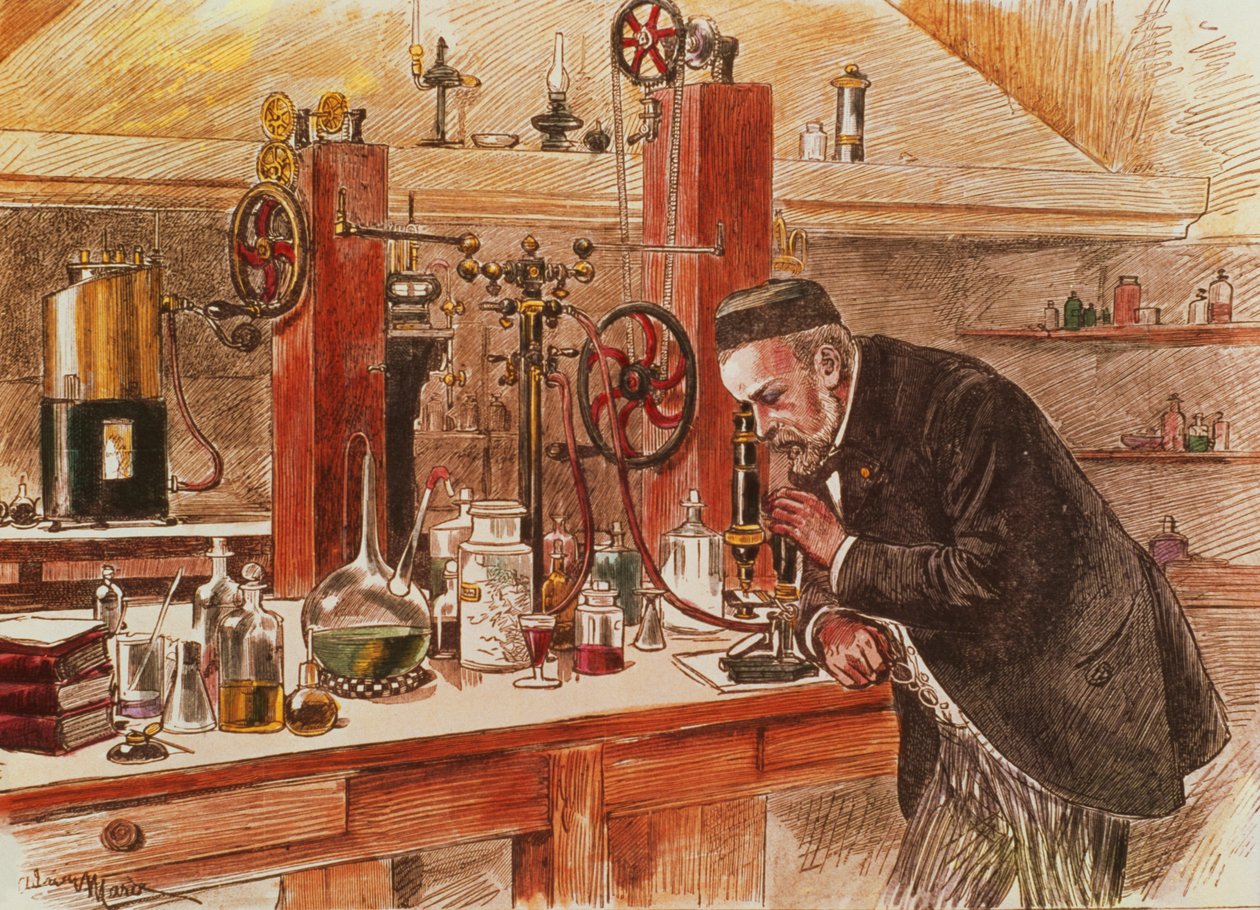 Louis Pasteur experimenteert voor de genezing van hondsdolheid in zijn laboratorium door Adrien Emmanuel Marie