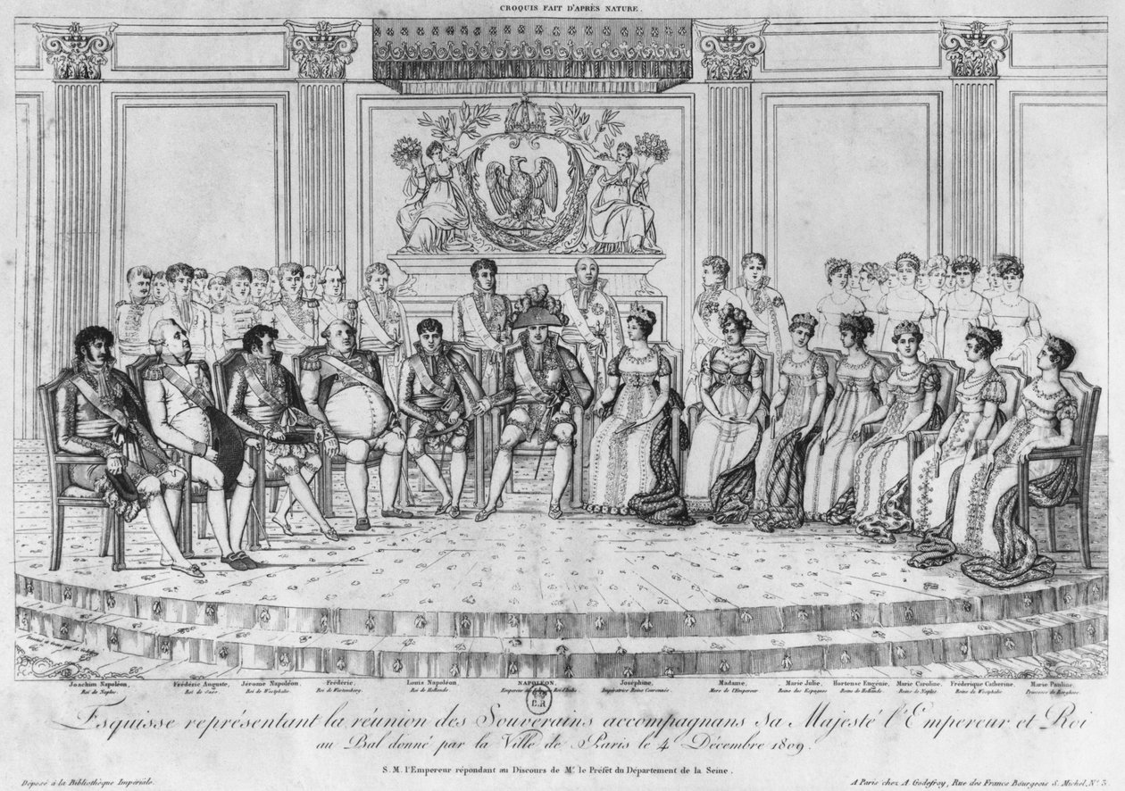 Schets die Napoleon I en de vorsten afbeeldt op het bal gegeven door de stad Parijs op 4 december 1809 door Adrien Pierre Francois Godefroy