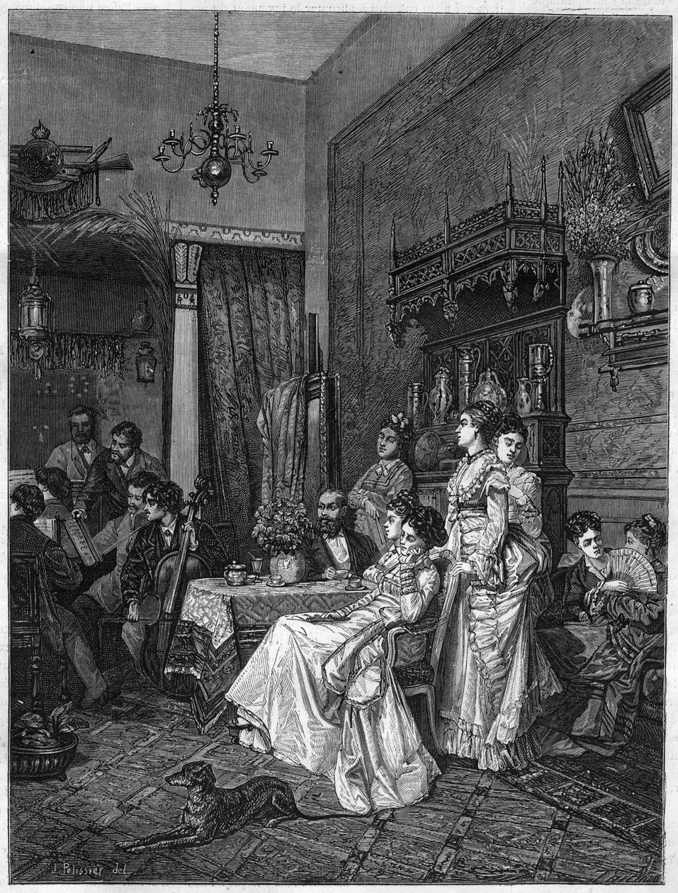Amateurconcert in een kunstenaarsatelier. Gravure naar het schilderij van Adrien Moreau in 