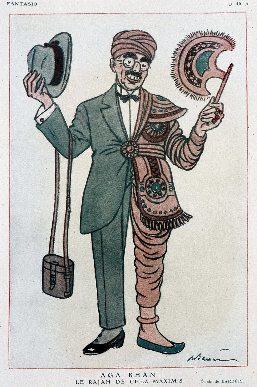 Komische tekening door Barrere over Muhammad Chah Agha Khan III door Adrien Barrere
