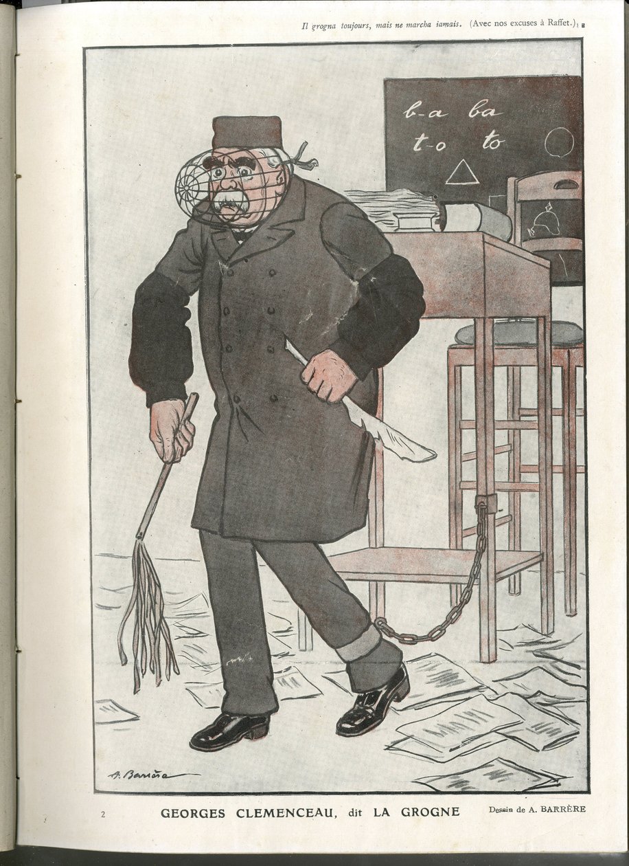 Illustratie van A Barrere (1874-1931) in Fantasio, 01/05/16 - Georges Clemenceau, genaamd La Grogne - Oorlog van 14-18, Censuur - Clemenceau George door Adrien Barrere