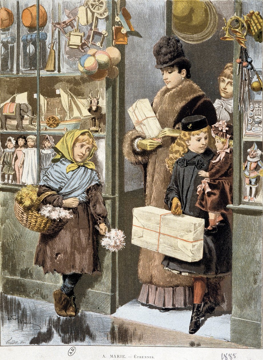 Arm meisje dat kleine boeketten verkoopt bij de uitgang van een speelgoedwinkel waar rijke mensen uitkomen (kerstinkopen?) - tekening door Adrien Marie door Adrien Emmanuel Marie